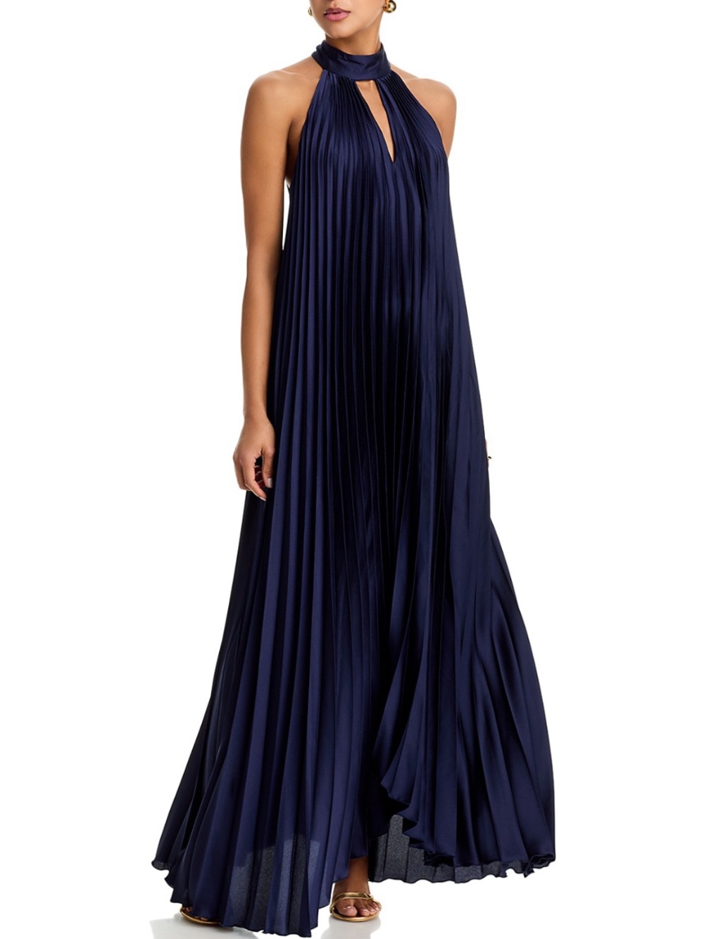 Aqua Navy Halter Pleated Maxi Dress